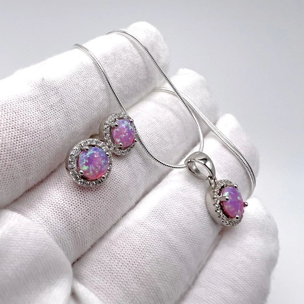 Sterling Silver Halo Pink Fire Opal Cz Set - Picture 4 of 17